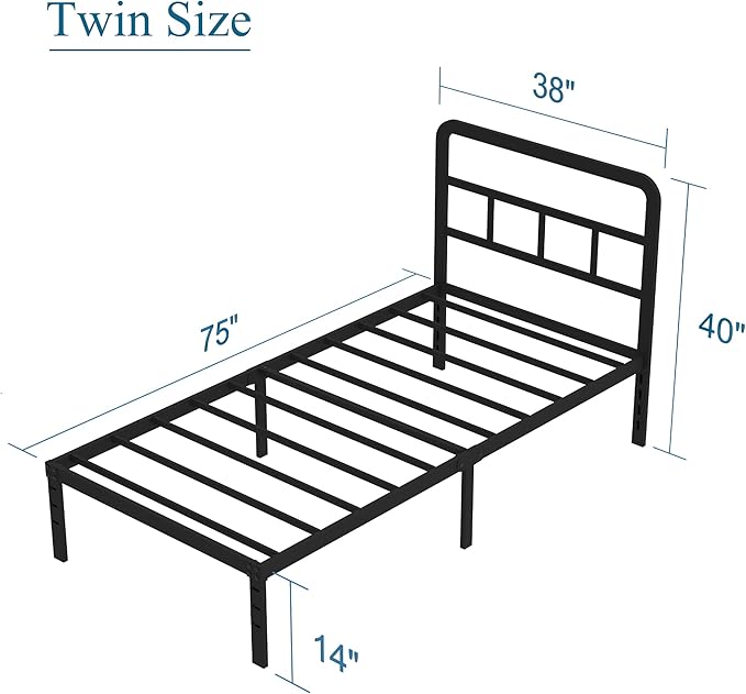 DiaOutro Metal Platform Twin Bed Frames with Headboard, 14 Inch No Box Spring Needed Heavy Duty Steel Slat Mattress Foundation/Easy Assembly/Noise Free/Black