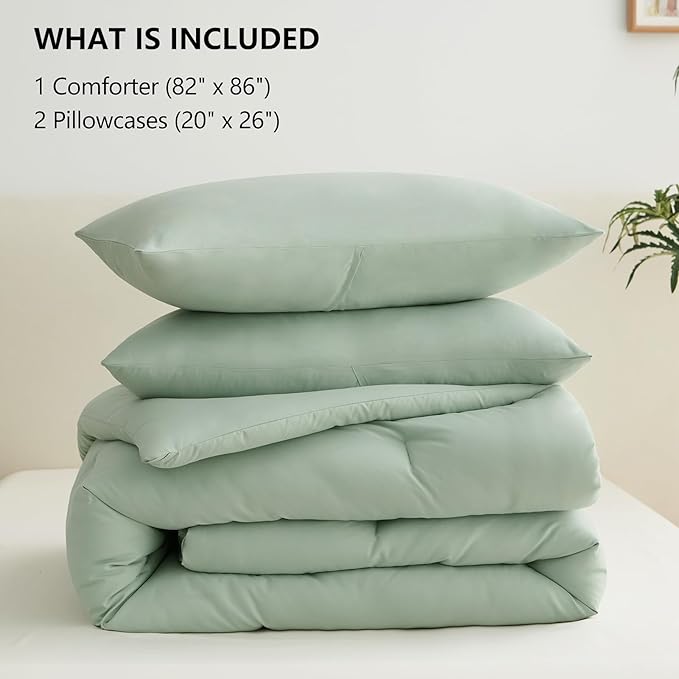 CozyLux Full Size Comforter Set Sage Green, 3 Pieces Solid Breathable Quilted Bedding Sets, Luxury Lightweight Soft Bed Set with Down Alternative Comforter and 2 Pillowcases for All Seasons