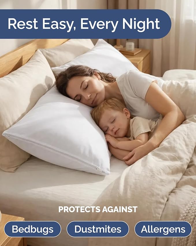 Set of 2 Pillow Protectors with Zipper - Standard Size - Bed Bug and Dust Mite Proof Pillow Covers - Noiseless, Moisture Wicking & Waterproof Pillowcases - Soft, Breathable & Machine Washable (White)