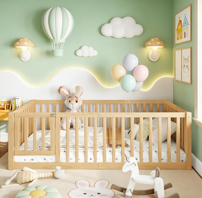Bellemave Twin Size Montessori Floor Bed with 23.5" High Rails, Pine,Plywood Twin Floor Bed with Small Door, Natural