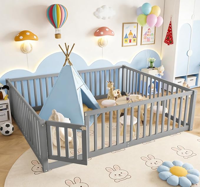 Bellemave Queen Size Montessori Floor Bed with 23.5" High Rails, Pine,Plywood Floor Bed with Small Door, Gray