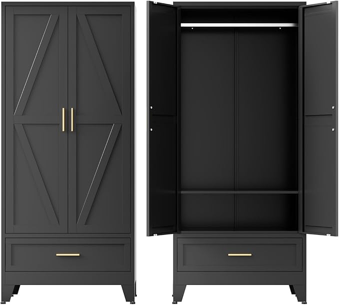 COFaR Metal Armoire Wardrobe Closet with Drawer, 71'' Tall Farmhouse Bedroom Armoires with Doors and Hanging Rod, Freestanding Steel Wardrobe Cabinet Coat Closet for Bedroom Home Office, Black