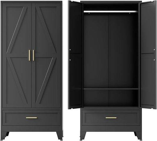 COFaR Metal Armoire Wardrobe Closet with Drawer, 71'' Tall Farmhouse Bedroom Armoires with Doors and Hanging Rod, Freestanding Steel Wardrobe Cabinet Coat Closet for Bedroom Home Office, Black