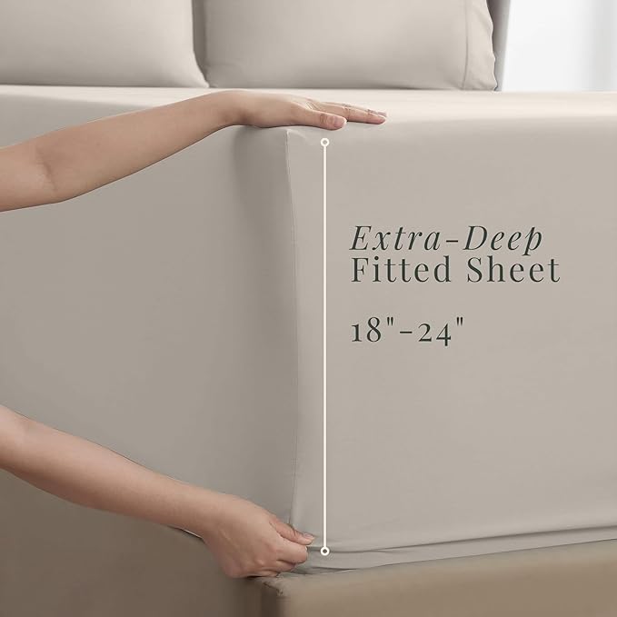 Hearth & Harbor Bed Sheets, Luxury Soft 6 Piece Bed Sheet Set Extra Deep Pocket Fitted Sheets Fits Mattress up to 21", Double Brushed Bedding Sheets & Pillowcases, Twin, Natrual Linen