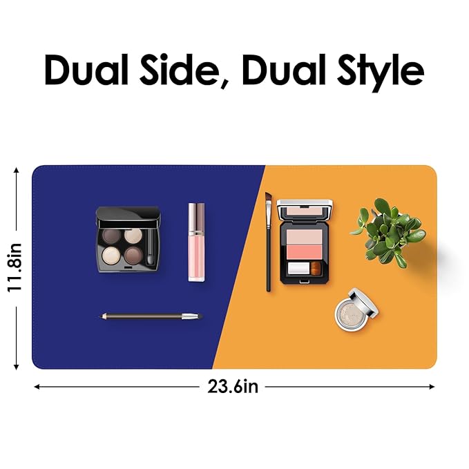 Makeup Mat for Vanity to Protect Desk Top 23.6 x 11.8 in, Dual-Sided Makeup Mat, Easy to Clean Desk Pad - Waterproof and Oilproof Vanity Accessories (Navy Blue and Yellow)