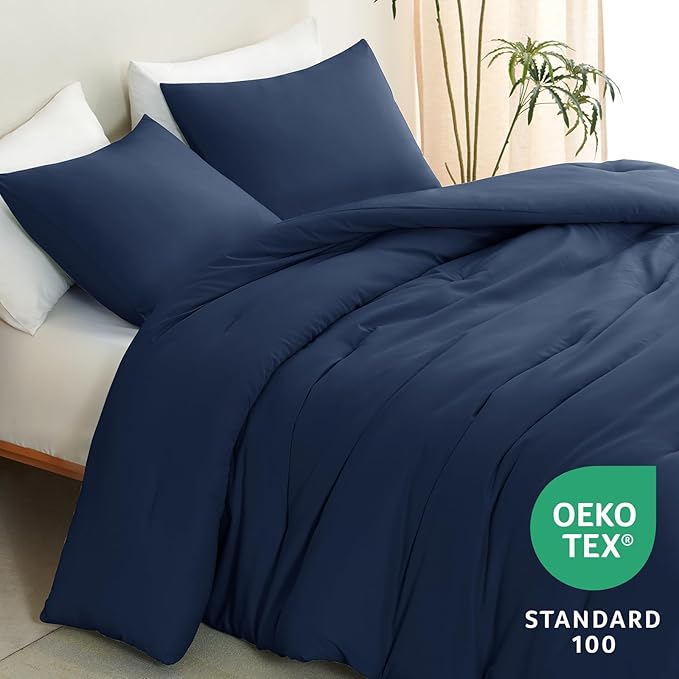 CozyLux California King Comforter Set Navy Blue, 3 Pieces Cal King Solid Breathable Quilted Bedding Sets All Seasons, Luxury Soft Lightweight Bed Set with Down Alternative Comforter and 2 Pillowcases