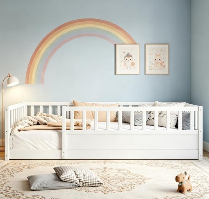 Bellemave Twin Floor Bed with high Fence, Solid Pine Wood Montessori Bed for Kids Girls Boys Floor Bed Frame, White with slats