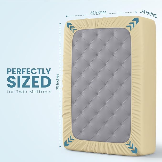 Twin Size Mattress Protector Waterproof, Premium 200 GSM Terry Mattress Cover, Soft & Breathable Bed Cover, Fitted Sheet Style Stretchable Deep Pockets 15" by Utopia Bedding (Beige)
