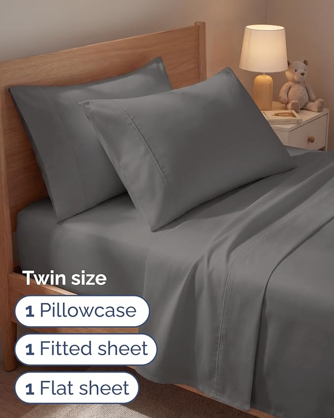Twin 4 Piece Sheet Set - Comfy, Breathable & Cooling - Hotel Luxury Bedding for Women, Men, Kids, Teens & Children - 1 Flat & 1 Fitted Sheet & 2 Pillowcases w/ Deep Pockets - Wrinkle Free - Dark Grey