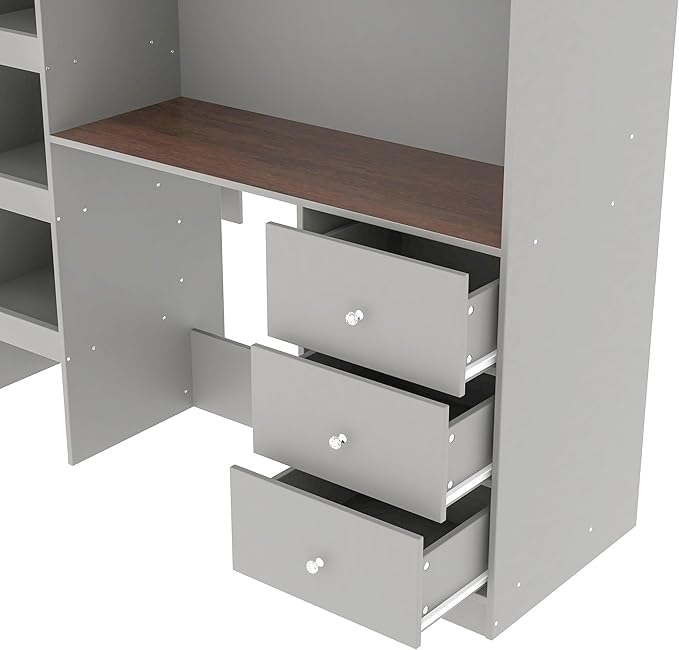 Harper & Bright Designs Full Size Loft Bed with Desk, Wood Full Loft Bed Frame with Built-in Wardrobe, Storage Shelves and Drawers, Gray