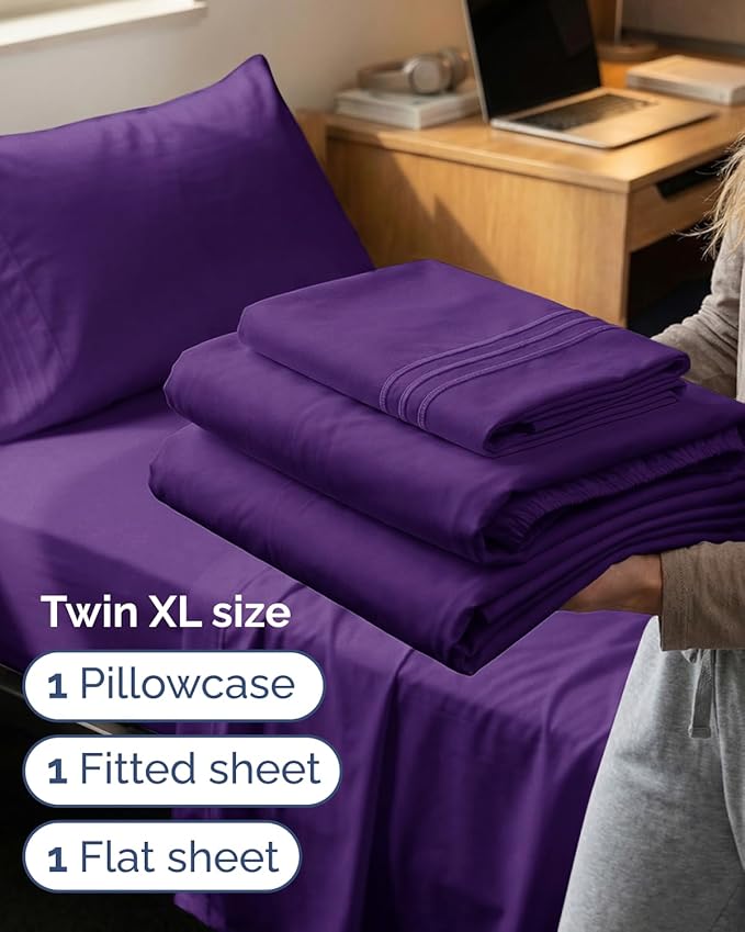 Twin XL Size 3 Piece Sheet Set - Comfy Breathable & Cooling Sheets - Hotel Luxury Bed Sheets for Women & Men - Deep Pockets, Easy-Fit, Extra Soft & Wrinkle Free Sheets - Purple Oeko-Tex Bed Sheet Set