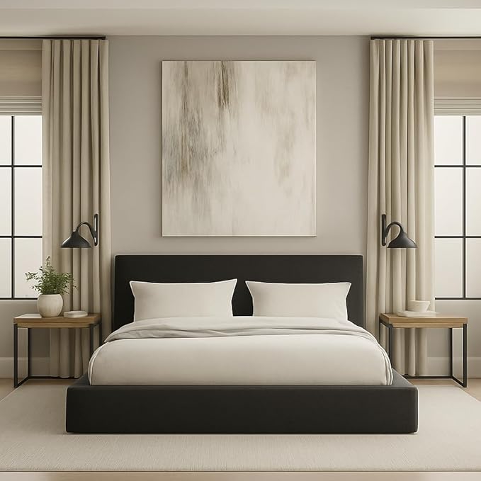 Square Bed – Washable Cover - Soft Upholstered Linen - Minimalist Modern - Sold Separately (Waterproof Black Linen, Queen Headboard)