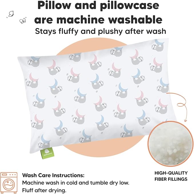 Toddler Pillow with Pillowcase - 13x18 My Little Dreamy Kids Travel Bed Pillows for Sleeping, Organic Cotton Small Pillowcase, Soft & Breathable, Machine Washable, Toddlers 2-5 years old (Moon Sloth)