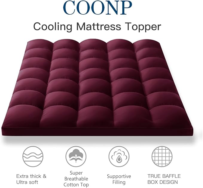 COONP Queen Mattress Topper, Extra Thick Pillowtop, Cooling Plush Mattress Pad Cover Bed Topper Protector with 8-21 Inch Deep Pocket (Burgundy, Queen)