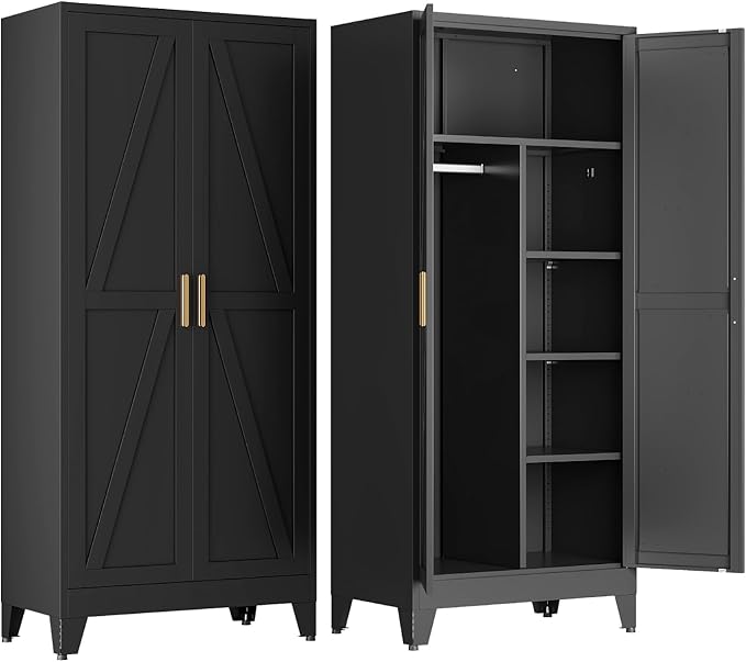COFaR Wardrobe Closet with Doors, Metal Bedroom Armoire with Adjustable Hanging Rod and Shelves, Farmhouse Broom Closet Storage Cabinet for Garage Laundry Office, 70.87" H x 31.5" W x 17.72" D, Black