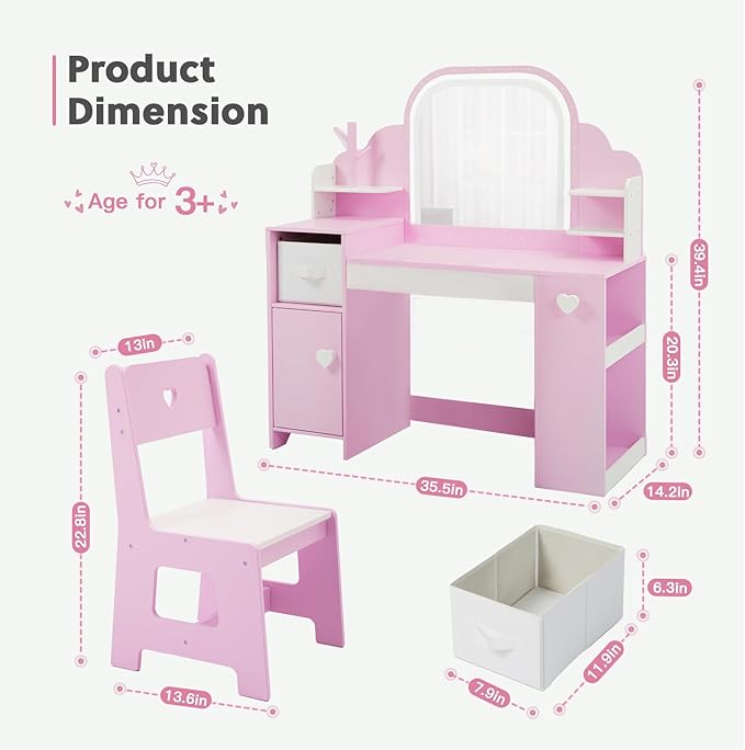 Kids Vanity with Lights and Chair, Princess Makeup Vanity Desk with Mirror Bookshelf Storage Cabinet,3 in 1 Toddler Vanity Table,Children Makeup Dressing Table,Pretend Play Vanity for Little Girl-Pink