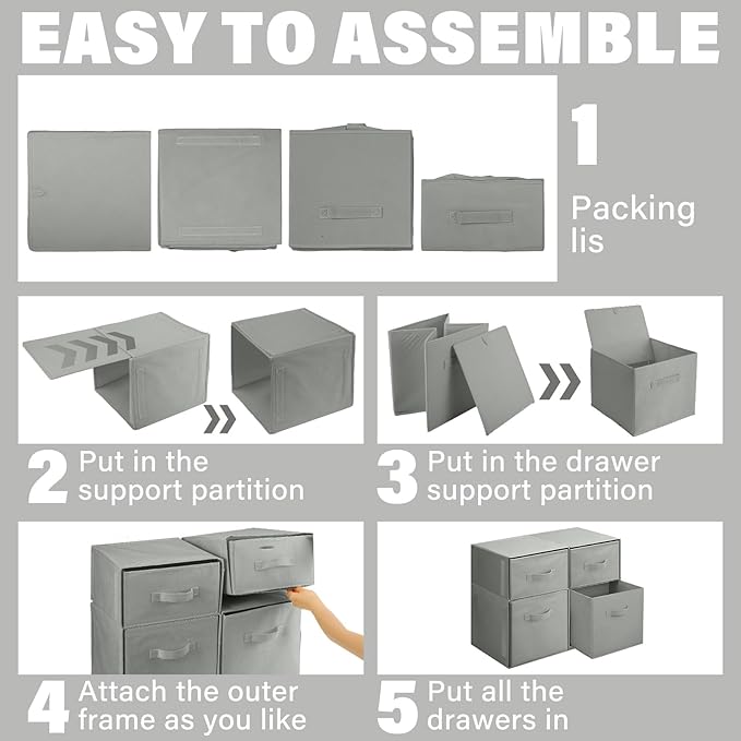 Weysat 4 Cube Stackable Under Dorm Bed Storage Container Foldable Closet Drawer Organizer Fabric Storage Cube Bins for Dorm Essentials College Closet Bedroom Living Room Nursery (Gray,18.5 Inch)