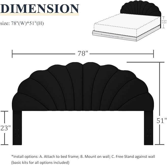 Befurtori King Size Headboard Only, Petal Wall Mount Headboard King/California King Size for Adjustable Bed Velvet Upholstered Head Board Easy Assembly, Black