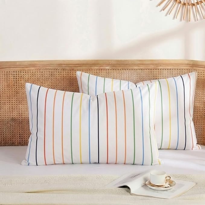 Merryword King Size Pillowcases, 100% Cotton Pillow Cases, Rainbow Striped Pillowcases, Soft Breathable Pinstripe Pillow Covers, Set of 2