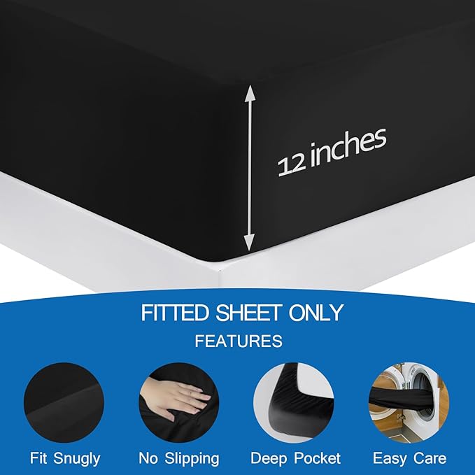 Twin Fitted Sheet Only, Twin Size Sheets for Kids Up to 14 Inches Deep Procket, Single Bed Mattress Sheets Stretchable Breathable Cover, Black