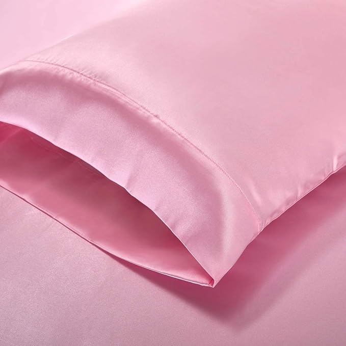 Homiest 4pcs Satin Sheets Set Luxury Silky Satin Bedding Set with Deep Pocket, 1 Fitted Sheet + 1 Flat Sheet + 2 Pillowcases (Full Size, Pink)