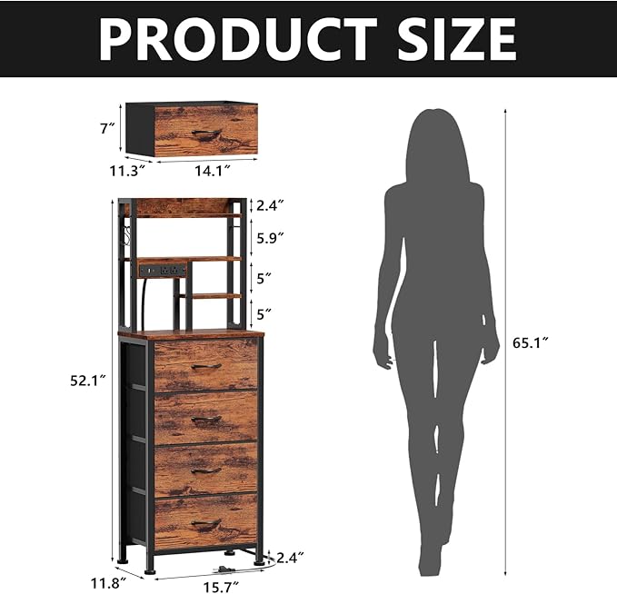 Furnulem Night Stand Set 2, LED Nightstand with Charging Station, 4 Fabric Drawers and 4 Tier Storage Shelf, Bedside End Table for Bedroom, Dorm, Office, Rustic Brown