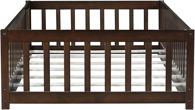 Bellemave Montessori Twin Floor Bed Frame with Fence and Removable Door, Low Profile Twin Size Montessori Bed Frame for Kids, Solid Wooden Floor Beds with Slats for Bedroom,Nursery, Espresso