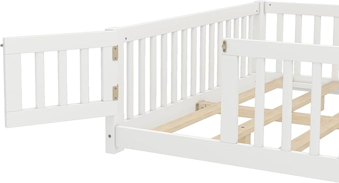 Bellemave Queen Floor Bed Frame with Rails and Door, Solid Wood Montessori Queen Size Floor Bed for Kids, Low Profile Montessori Beds with Removable Slats, White