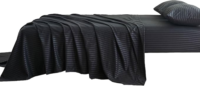 Kingnex Striped Sofa Bed Sheets Queen for Sleeper Sofa Bed with 4-6 Deep Soft Brushed 1800 Microfiber 4 Piece Bedding Set (60"x74"x6") Black