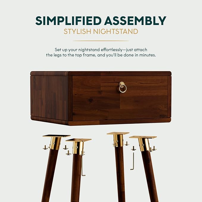 Bme Alden Solid Wood Nightstand/Side Table/End Table, Fully Assembled, with 1-Drawer for Mid Century Bedroom and Living Room, (12mm), Dark Chocolate