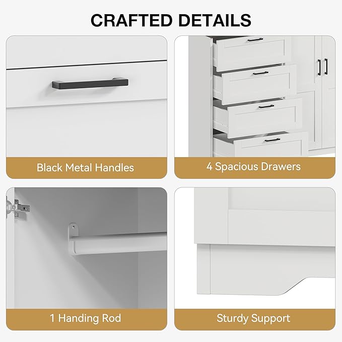 GarveeHome Multifunctional Wooden Dresser for Bedroom, 43.3 in H 2 Door Wardrobe Armoire Closet with 4 Drawers and Hanging Rod, Low Storage Cabinet for Hanging Cloth, White