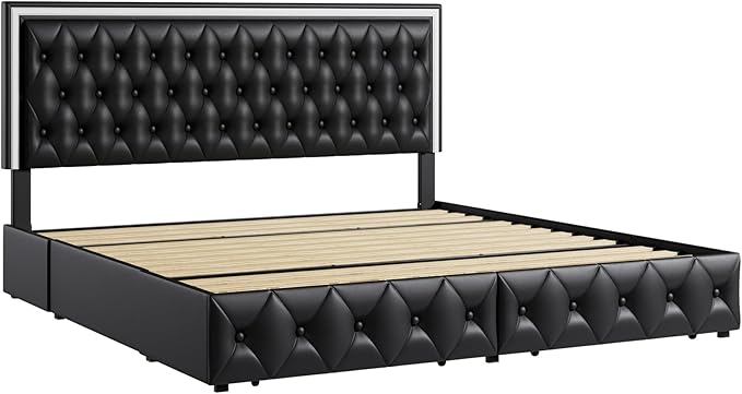 Keyluv Queen Upholstered LED Bed Frame with 4 Drawers, PU Leather Platform Storage Bed with Adjustable Button Tufted Headboard and Solid Wooden Slats Support, No Box Spring Needed, Black