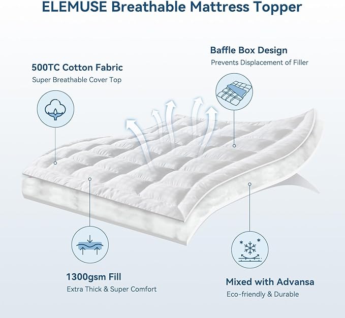 ELEMUSE Queen Cooling Mattress Topper, Extra Thick 1300gsm Mattress Pad for Back Pain Relief, Plush 500TC Cotton Pillow Top with Deep Pocket, Overfilled with Mixed Advansa Down Alternative Filling