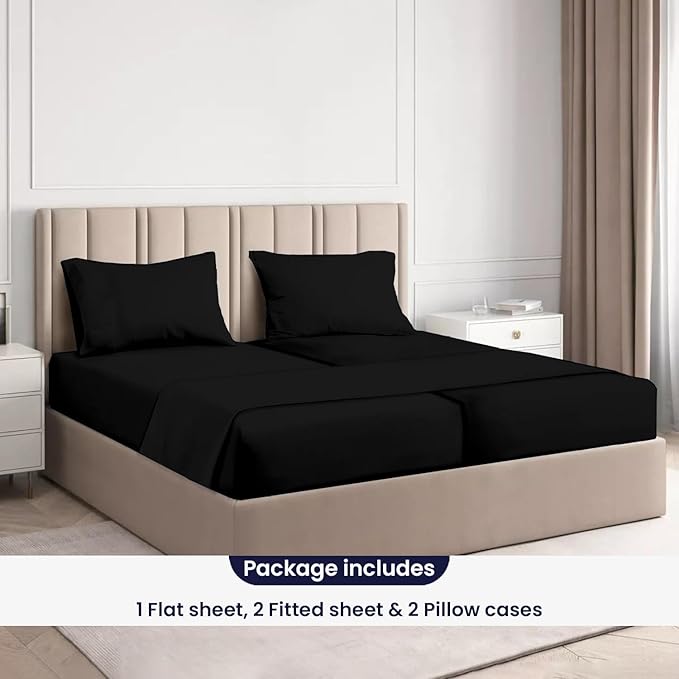 SGI Split King Sheet Set for Adjustable Bed Egyptian Premium Cotton 600 Thread Count Sheets for Sleep Number Bed 15" Deep Pocket 5 Pc Set with 2 Twin XL Fitted Sheets Soft Breathable -Black