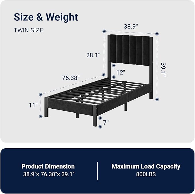 Avenco Twin Size Bed Frame with Velvet Upholstered Piano Keys Headboard, Metal Platform Bed Frame with Metal Slats for Bedroom, Black