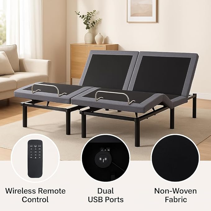 Naomi Home Idealbase Split King Adjustable Bed Base with Massage, USB Ports, Under-Bed Light, Wireless Remote, 800 Lb Capacity, Gray Metal Frame, Easy Setup for Couples’ Personalized Comfort