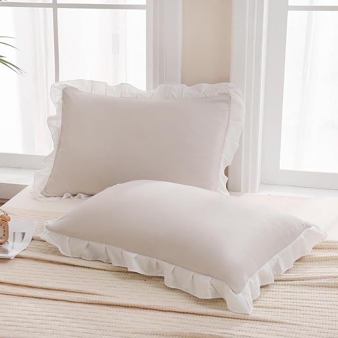 Merryword Beige Pillow Shams Standard Pillowcases 20x26inch Beige and White Reversible Cute Pillow Cover Set of 2 Soft Shabby Chic Ruffled Pillowcases