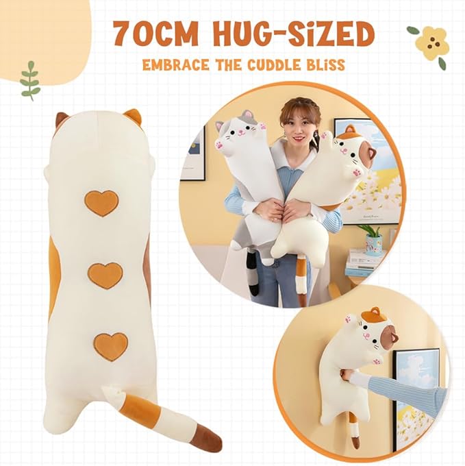 Cat Plush Stuffed Animals Cute Long Cat Body Pillow Plushies Soft Huggable Kitty Pillows for Girls Kids Adults Cat Lovers (New Gray, 27inch)