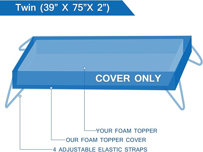 Mattress Topper Cover Twin Size (Only Cover) 3 Inch Mattress Protector Cooling Rayon Zippered Mattress Encasement with Adjustable Straps for Latex Mattress Topper Memory Foam Cover