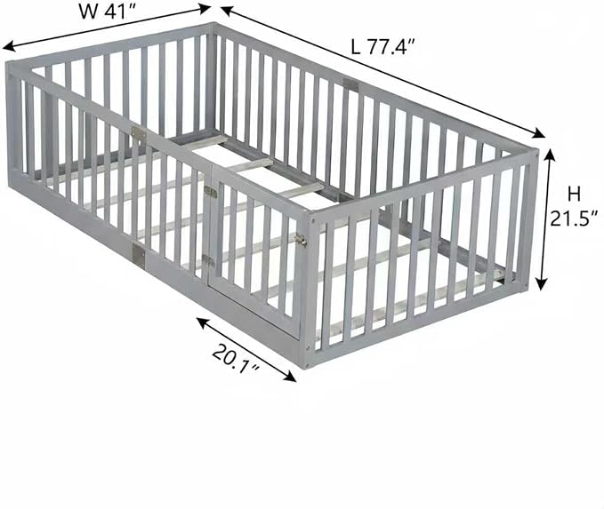 Bellemave Twin Size Montessori Floor Bed with 21.5" High Rails, Rubber Wood Twin Floor Bed with Slats and Door, Gray