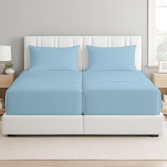 Split Cal King Sheets- Split California King Sheets Sets for Adjustable Bed- 5 Pcs Set- Split Cal King Sheets for Sleep Number Bed- 16 Inch Deep Pocket Adjustable Bed Sheets (Light Blue Solid)