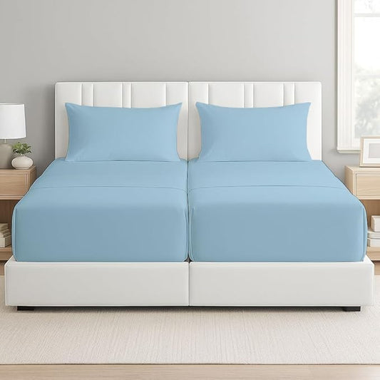 Split Cal King Sheets- Split California King Sheets Sets for Adjustable Bed- 5 Pcs Set- Split Cal King Sheets for Sleep Number Bed- 16 Inch Deep Pocket Adjustable Bed Sheets (Light Blue Solid)