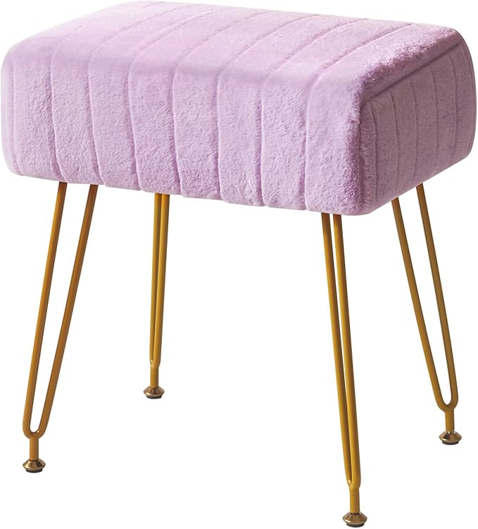 IBUYKE Velvet Rectangular Footrest Stool Ottoman, Makeup Vanity Stool Side Table, Velvet Dressing Table Seat, Pouf Couch Stool, Golden Steel Legs, Purple LG-51V
