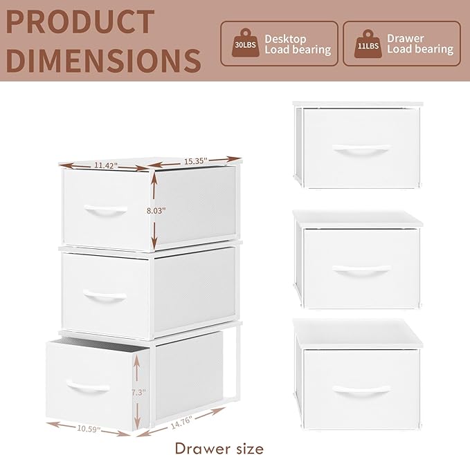 X-cosrack 3 Packs Individual Stackable Storage Drawers with Wood Top for Closet, Small Stacking Closet Organizer with Drawers, Metal Frame 3 Fabric Storage Drawer Bins for Bedroom, Under Bed, White