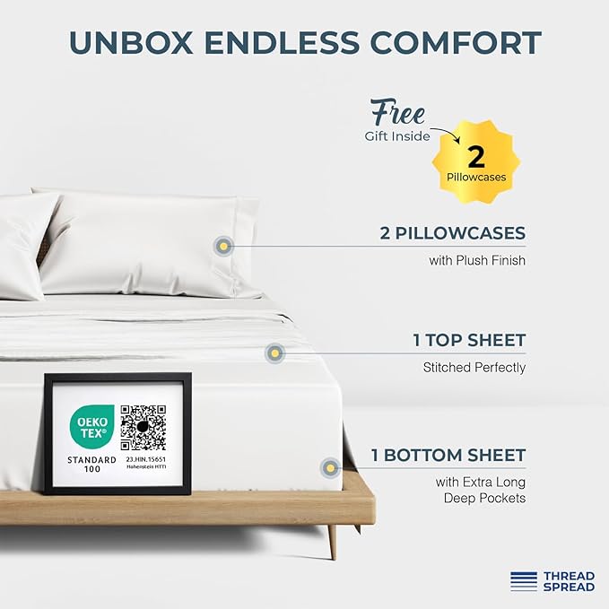 THREAD SPREAD 100% Egyptian Cotton Sheets Queen Size - Luxury 1500 Series Queen Sheet Set Egyptian Cotton (4 PC, White), Silky Soft, Sateen Weave, Cooling & Breathable, 17" Deep Pocket Bed Set