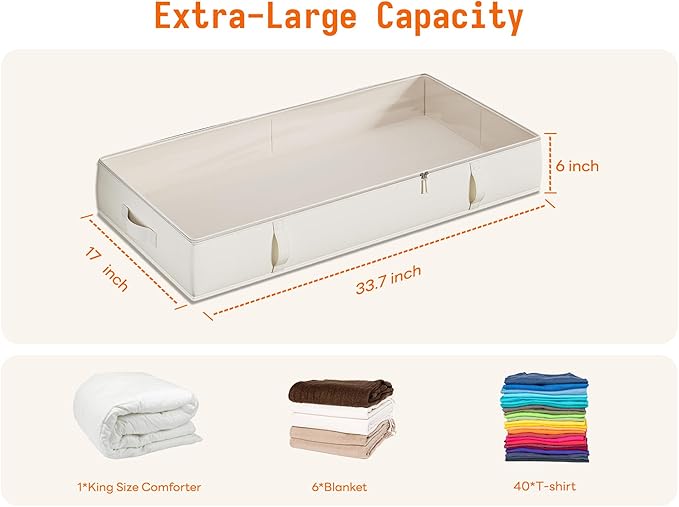 Vailando Storage Containers, 8 Inches Tall 80L Underbed Storage Bins with Sturdy Handles and Sidewalls, Closet Organizer for Clothes, Blankets, Seasonal Items, Beige, 2-Pack