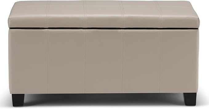 SIMPLIHOME Dover Storage Ottoman Bench - 36 inch Wide Upholstered Vegan Leather Rectangular Lift-Top Ottoman in Satin Cream, Contemporary Bench for Living Room with Safety Hinges