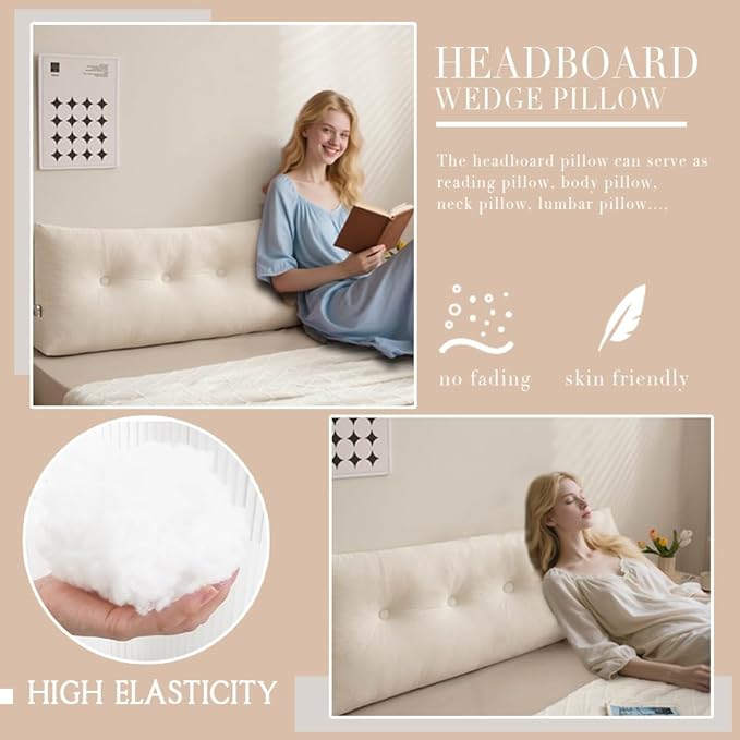 Triangular Wedge Headboard Pillows Twin XL Dorm Headboard Long Backrest Positioning Support Reading Bolster Pillow Side Pockets Wedge Pillow College Dorm Room Essentials Bed Bedroom Decor White