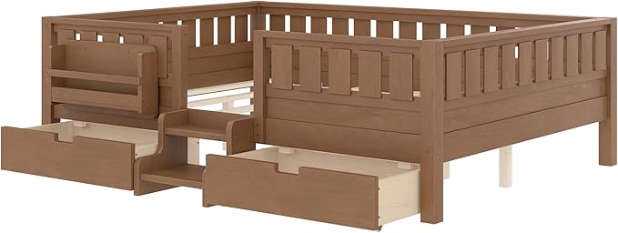 Bellemave Queen Size Kids Montessori Bed with Stairs and Bookshelf,Solid Wood Queen Size Kids Bed Frame with Drawers and Storage for Girls Boys,Low-Profile,Natural