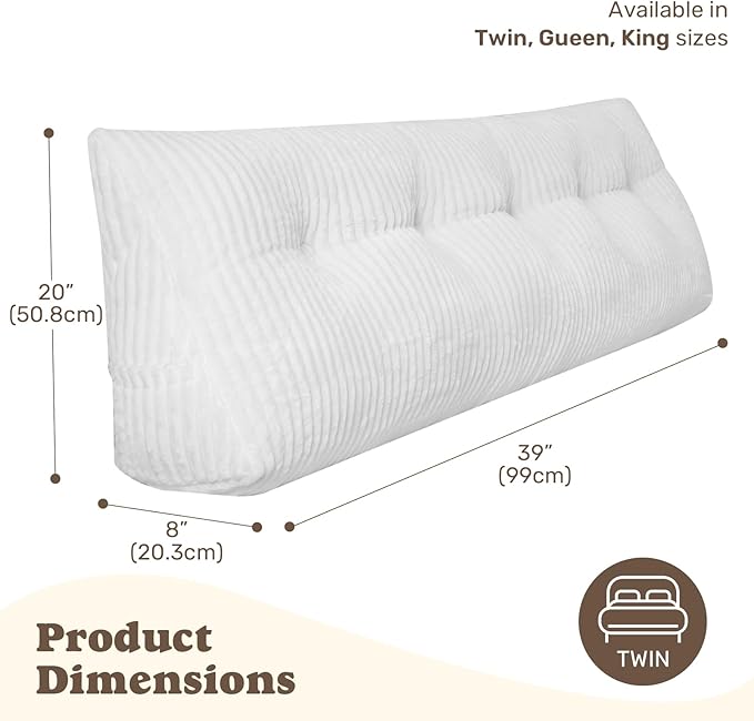 Deodar Headboard Pillow Twin, Wedge Pillows Headboard Triangle Reading Back Pillow with Removable Cover for Dorm Gaming Sleeping TV, White